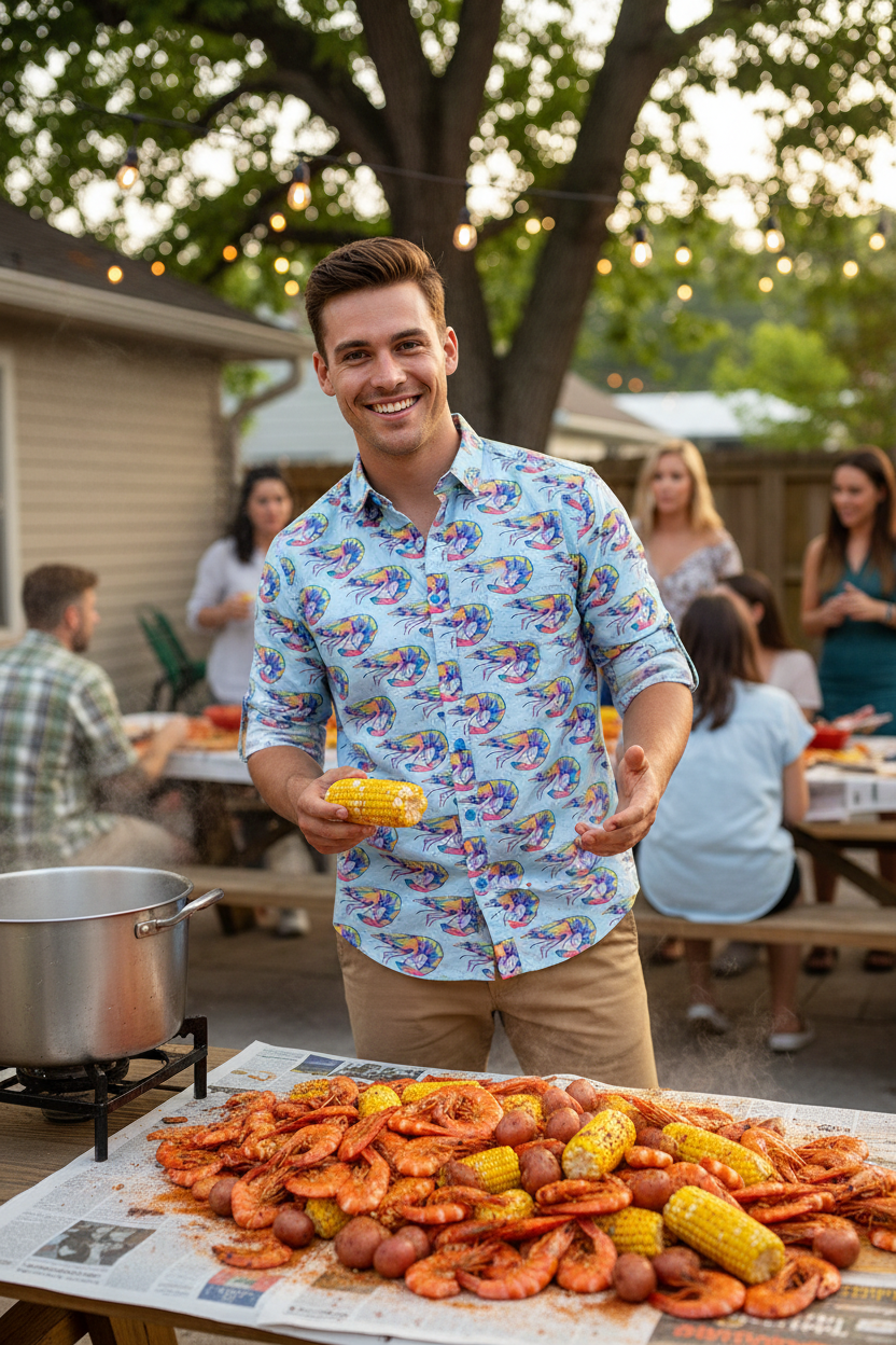 Shrimp Splatter Men’s Button Down Shirt