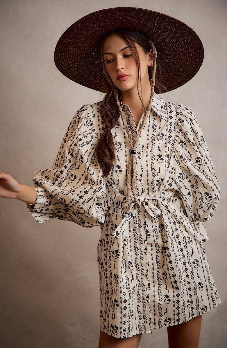 Floral Collared Long Puff Sleeve Tie Waist Mini Dress