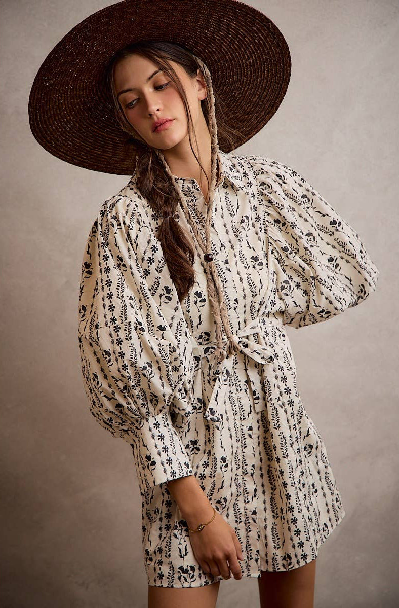 Floral Collared Long Puff Sleeve Tie Waist Mini Dress