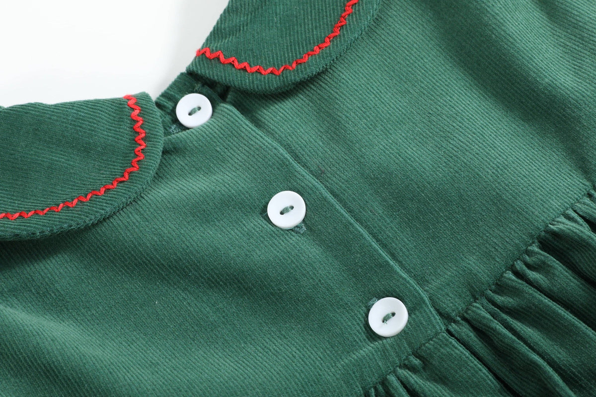 Green Corduroy Christmas Tree Ruffle Dress
