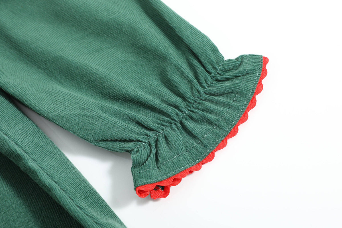 Green Corduroy Christmas Tree Ruffle Dress