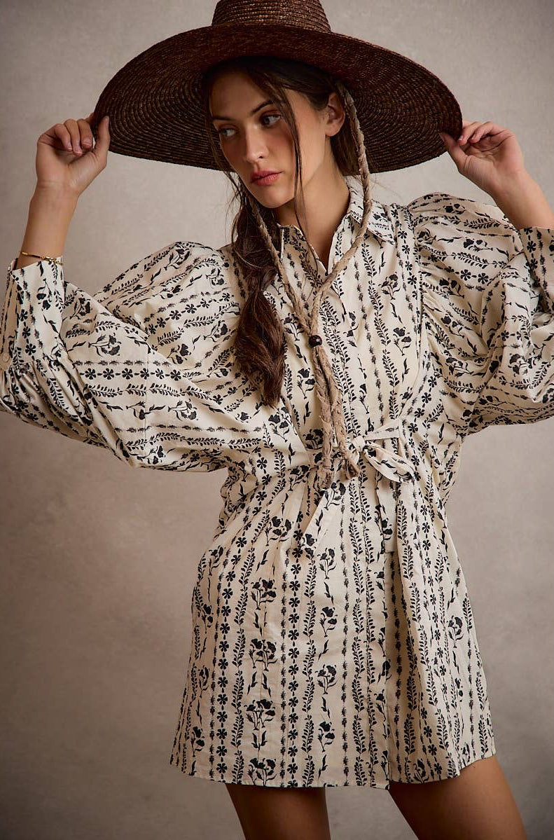 Floral Collared Long Puff Sleeve Tie Waist Mini Dress