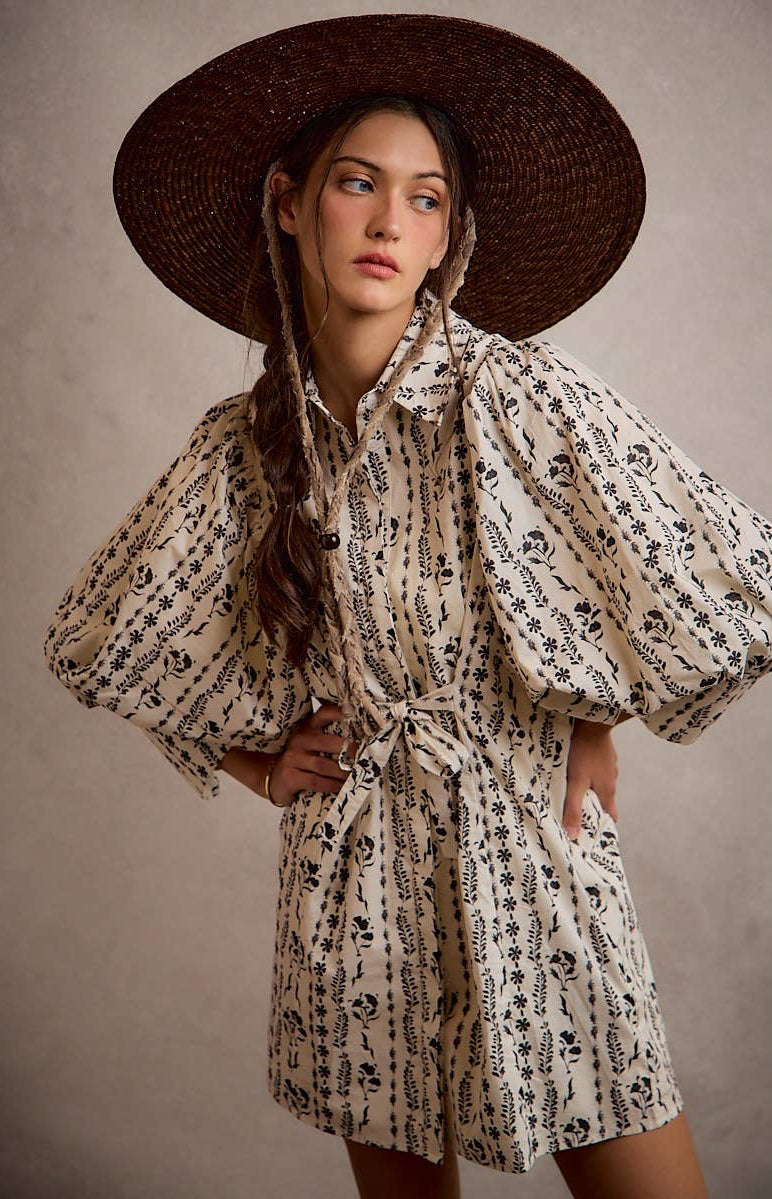 Floral Collared Long Puff Sleeve Tie Waist Mini Dress