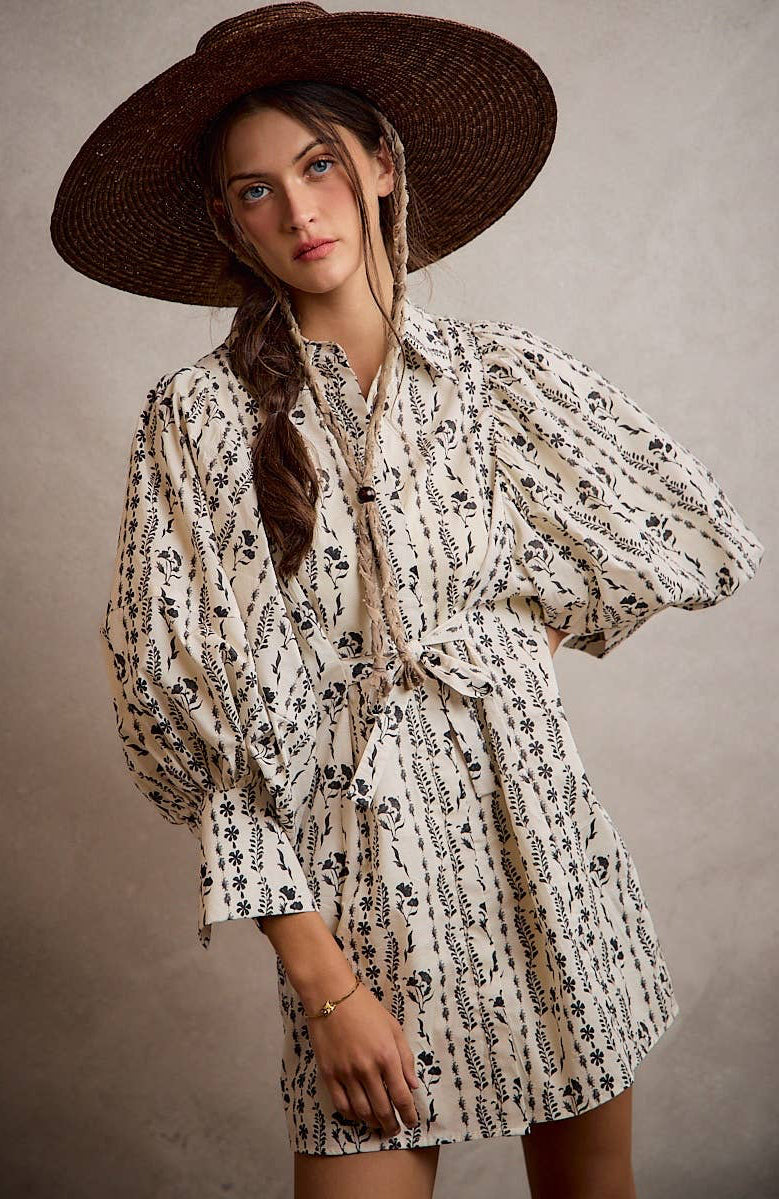 Floral Collared Long Puff Sleeve Tie Waist Mini Dress