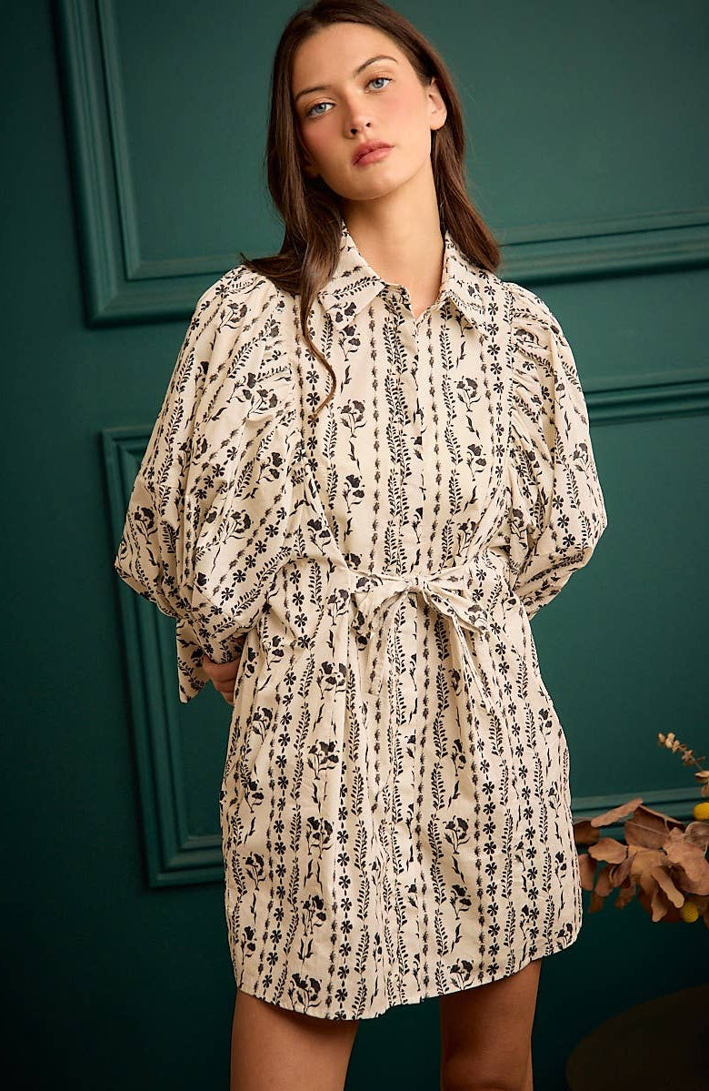 Floral Collared Long Puff Sleeve Tie Waist Mini Dress