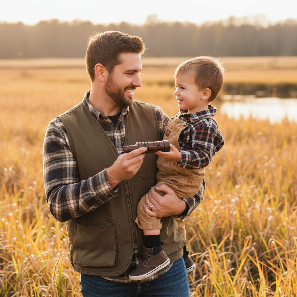 Dad and son outdoors holding wooden laser engraved duck call gift